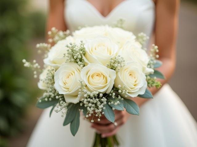 Brudebukett inspirert av en romantisk serenade, med hvite roser, delikate grønne innslag og en tidløs, elegant utførelse.