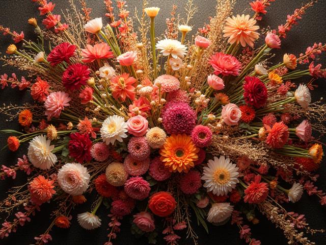 Et storslått blomsterarrangement som gjenspeiler en symfoniorkesters kompleksitet, med varierte blomster, lagdelte teksturer og en rik fargepalett.