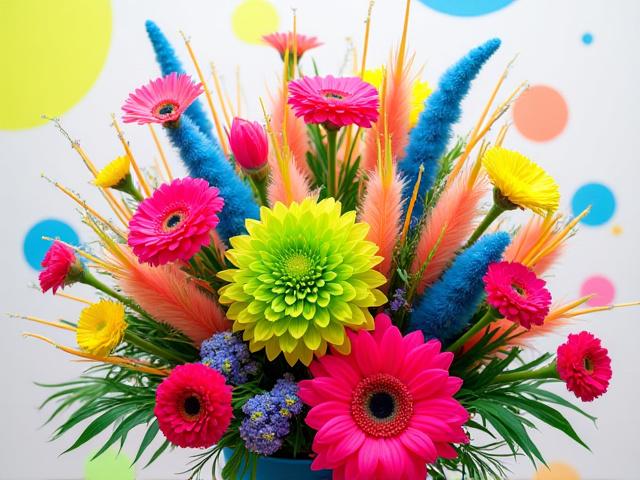 Et lekent pop-inspirert blomsterarrangement med lyse neonfarger, geometriske former og en følelse av ren glede og fest.