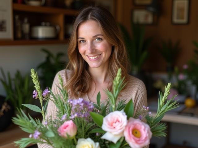 Aurora Nordahl, grunnleggeren av Lyra Blomsten, smiler mens hun arrangerer blomster i sitt lyse, kreative verksted med et piano i bakgrunnen.