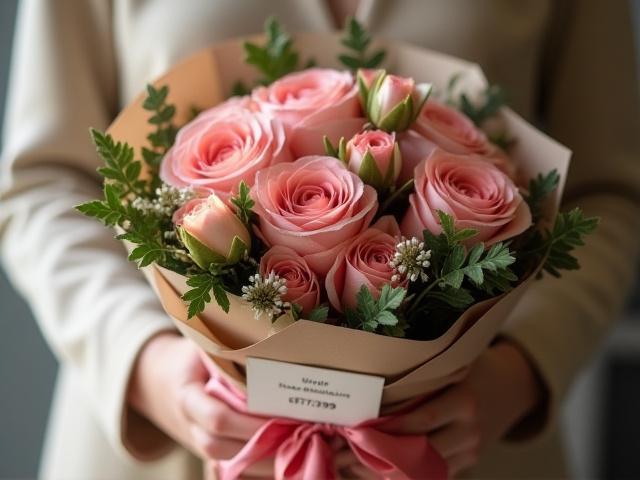 Vakkert innpakket gavebukett med bånd og et elegant kort